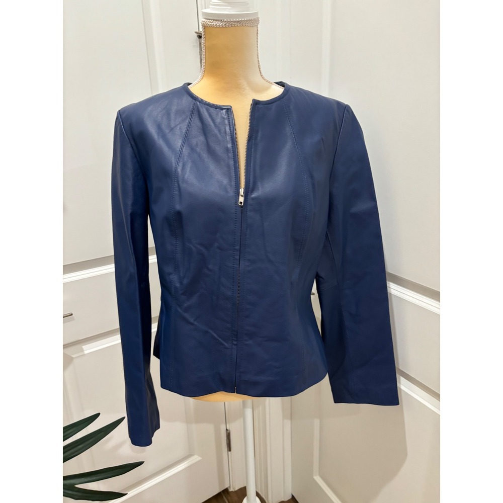 Newport News Womens Blue Genuine Leather Zip Front Collarless Jacket Size 12